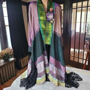 LEE ANDERSEN DUSTER JACKET FAIRY WHIMSICAL WEARABLE ART PURPLE GREEN BLACK L